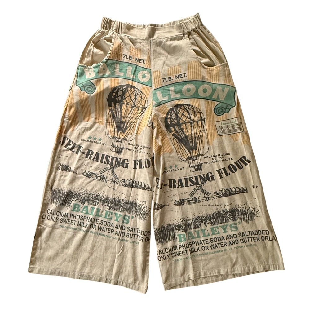 Jaded Gypsy Cream Balloon Print Flour Sack Pants S/M Wide Leg Cotton Trousers